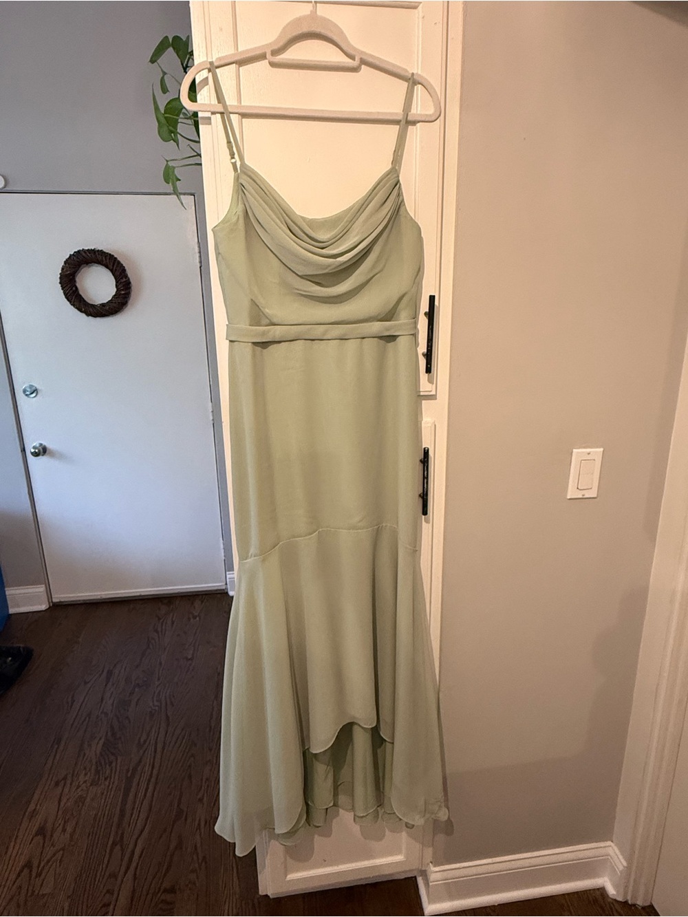 Azazie Sage Green Cowl Neck High-Low Spaghetti Strap Dress